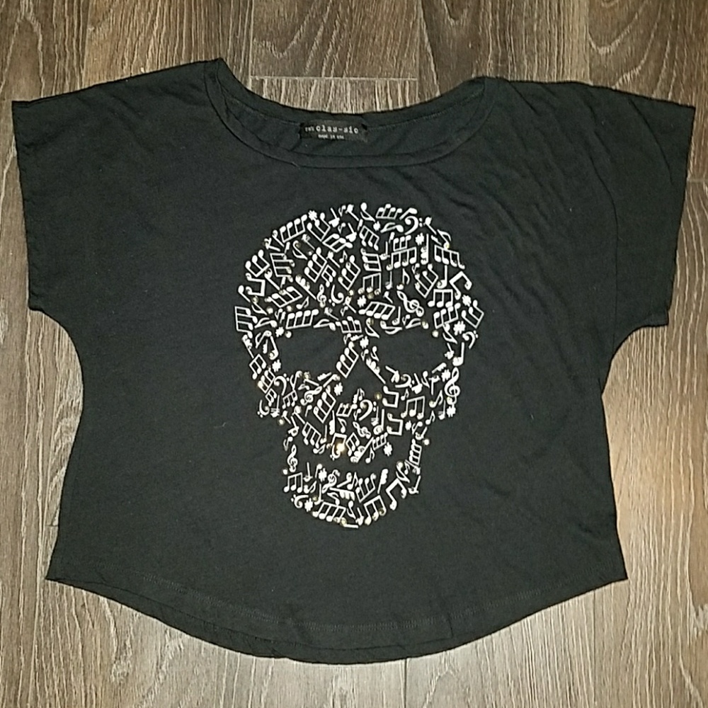 The Clas-Sic Music Note Skull Bling Cropped Tshirt